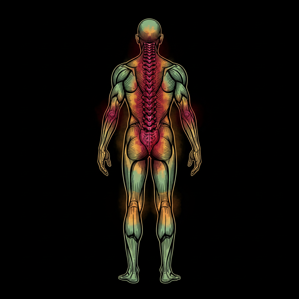Mapa bolesti tetování - pohled zezadu. Páteř a bedra jako nejbolestivější partie, lopatky a lýtka jako nejméně bolestivé.
