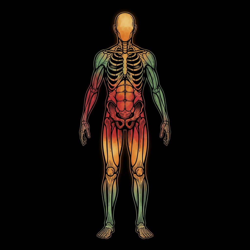 Mapa bolesti tetování - pohled zepředu. Barevně rozlišené zóny od zelené (mírná bolest) po červenou (extrémní bolest) na siluetě lidského těla.